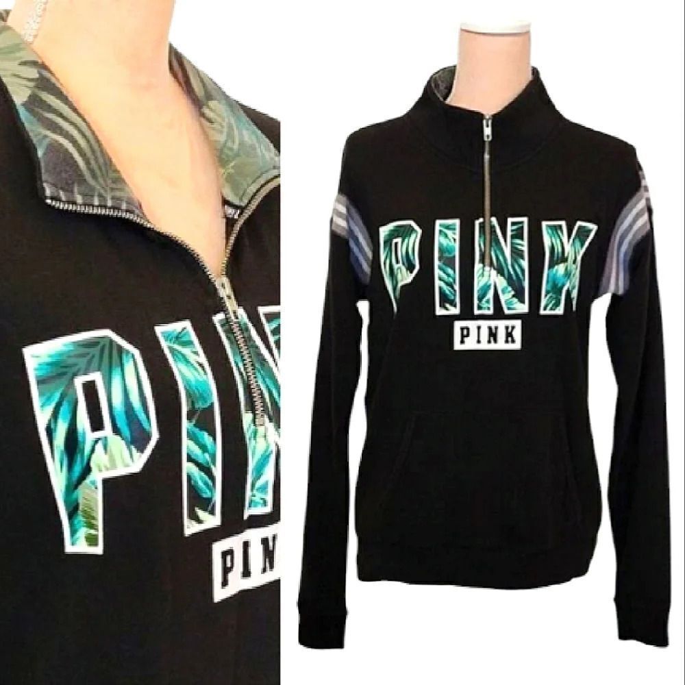 PINK VS Y2K Black Green Tropical Logo Quarter Zip‎ Pullover Sweatshirt Small